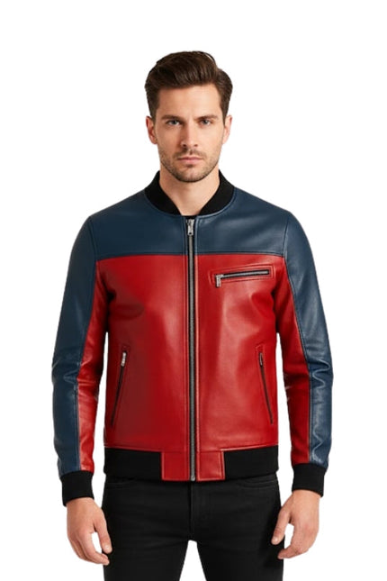 Man wearing a red and blue leather jacket on a white background