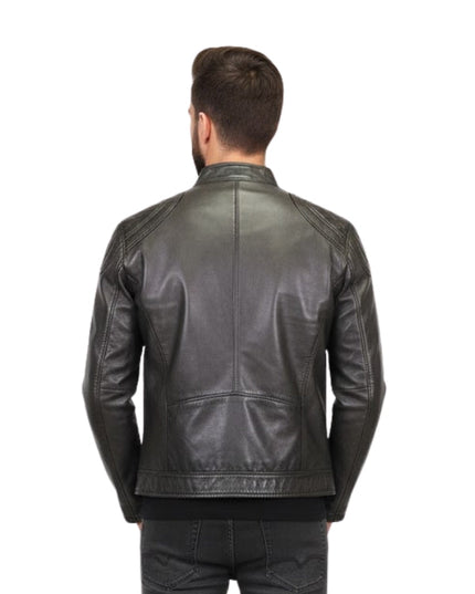 Man wearing a black leather jacket on a white background