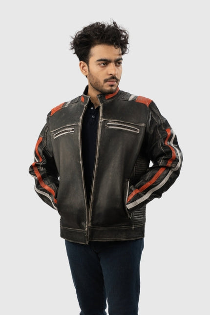 Man wearing a black leather jacket with red accents on a white background