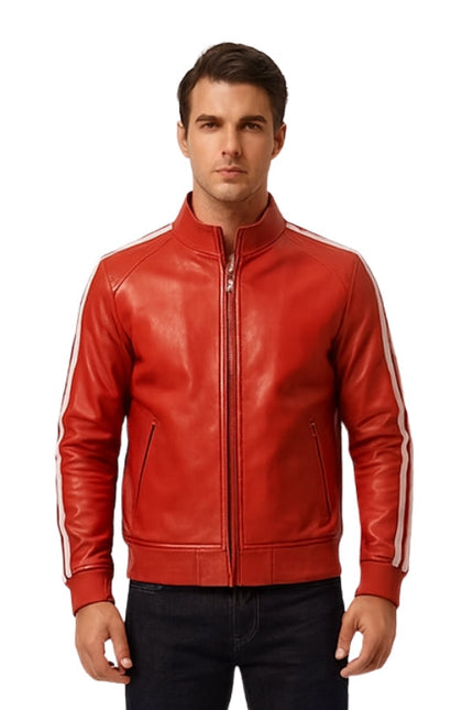 Man wearing a red leather jacket with white stripes on a white background