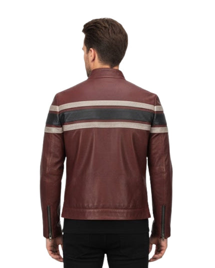 Brown leather jacket with striped panels on a white background