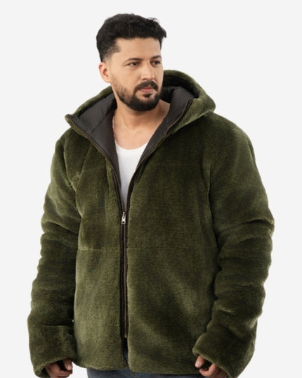 Man wearing a green fleece jacket on a white background