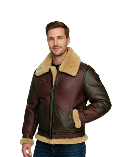 Men's Shearling Aviator Raf Flying Pilot B3 Maroon Bomber Jacket