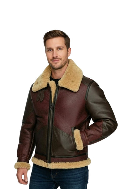 Men's Shearling Aviator Raf Flying Pilot B3 Maroon Bomber Jacket