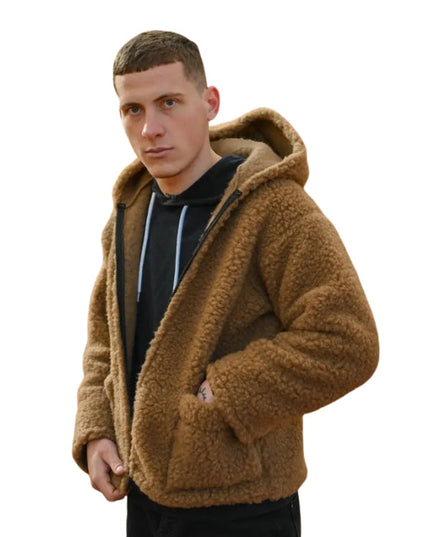 Man wearing a brown sherpa jacket on a white background