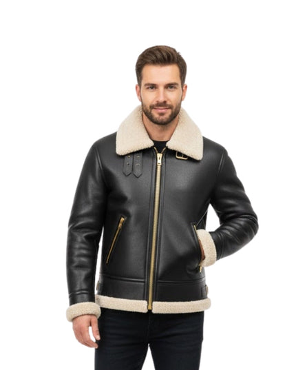 Man wearing a black leather jacket with beige shearling collar and cuffs on a white background