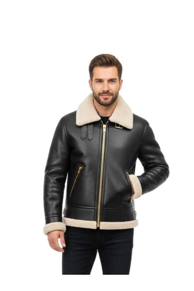 Man wearing a black leather jacket with beige shearling collar and cuffs on a white background