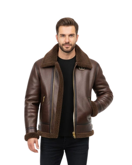 Man wearing a brown leather jacket with a white background