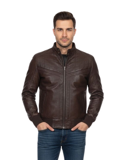 Men's Sheepskin Quilted Style Motorcycle Brown Bomber Jacket