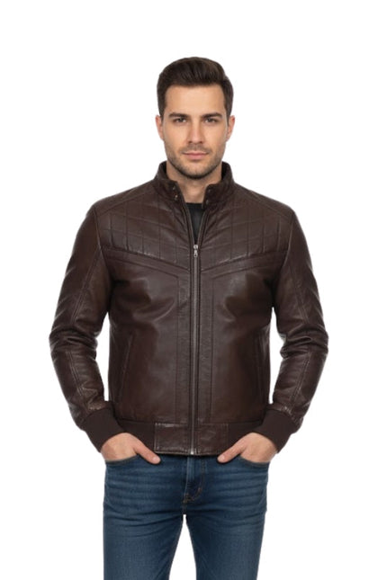 Men's Sheepskin Quilted Style Motorcycle Brown Bomber Jacket