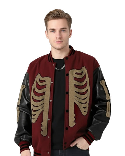 Man wearing a red and black jacket with skeleton designs on a white background