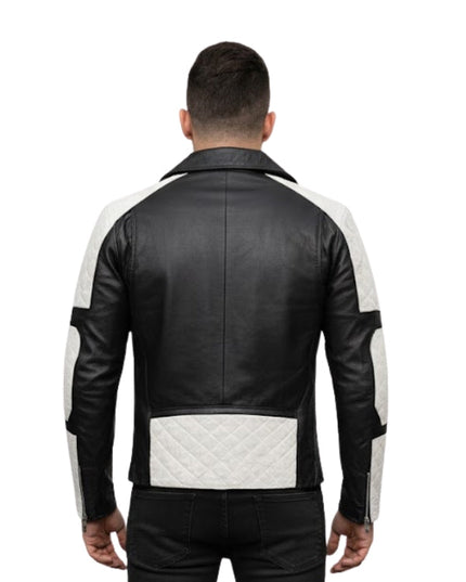 Black and white leather jacket worn by a person on a white background