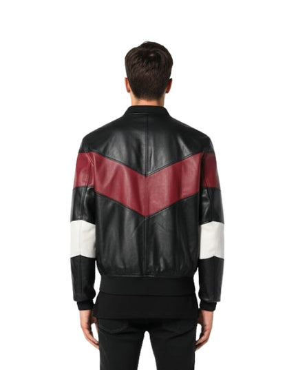 Men's Stripe Motorcycle Bomber Multicolor Leather Jacket