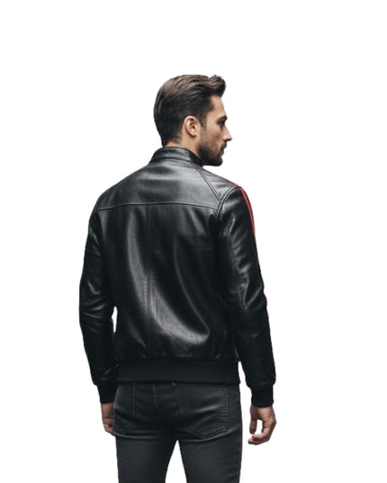 Men's Striped Slim Fit Café Racer Motorcycle Black Bomber Jacket