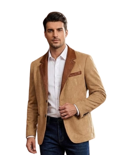 Man wearing a tan blazer with brown lapels on a white background