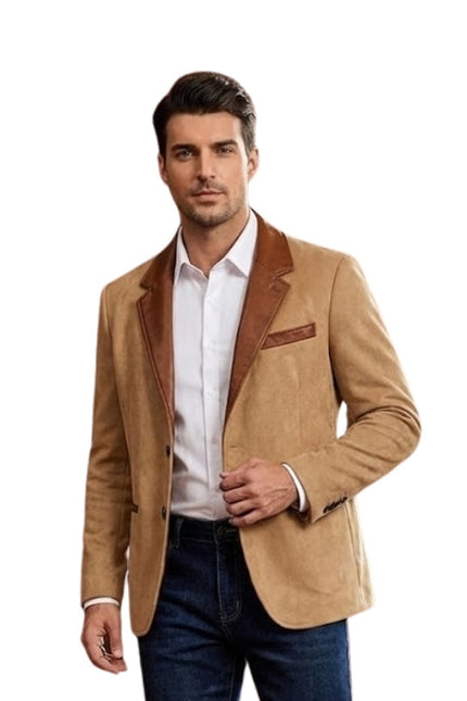 Man wearing a tan blazer with brown lapels on a white background
