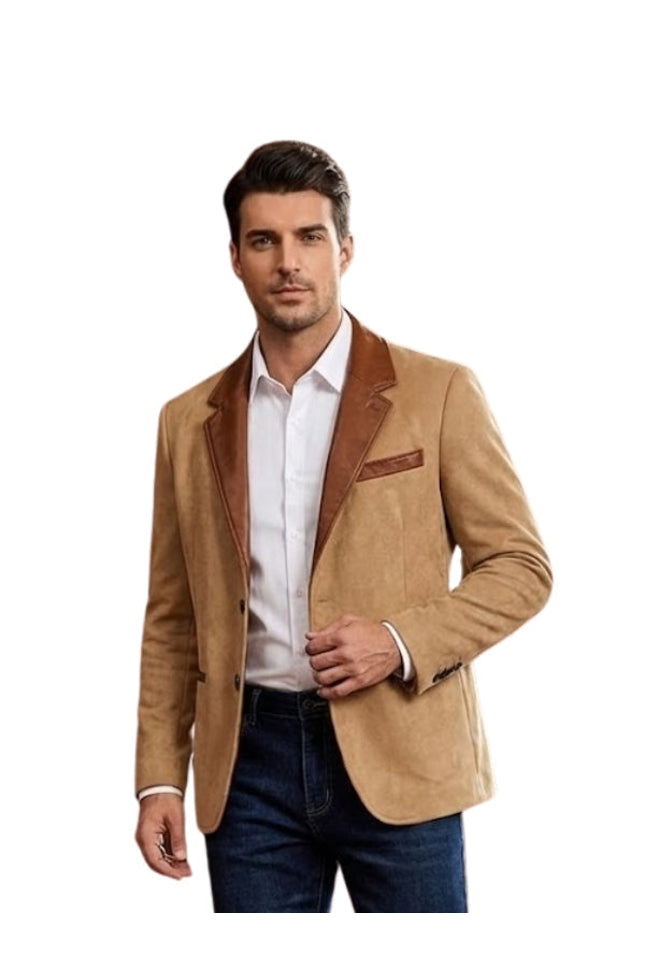 Man wearing a tan blazer with brown lapels on a white background