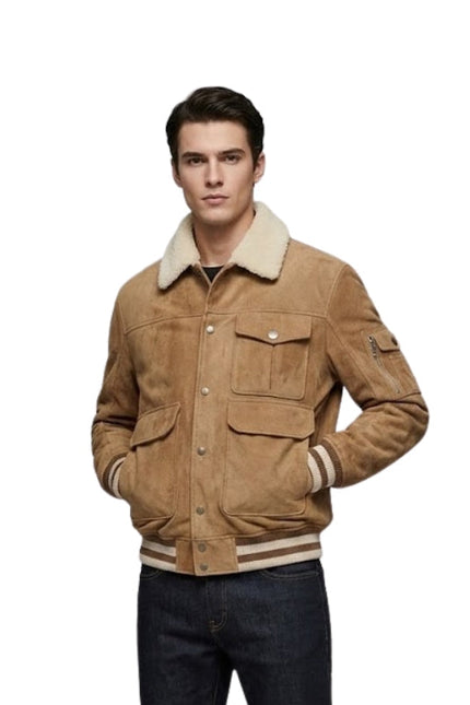 Men's Tan Suede With Sherpa Collar Bomber Jacket