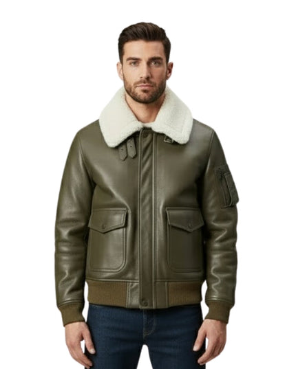 Man wearing a green leather jacket with a white fur collar on a white background