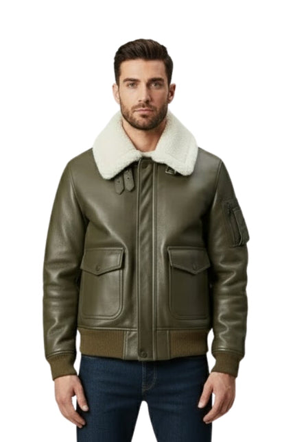 Man wearing a green leather jacket with a white fur collar on a white background