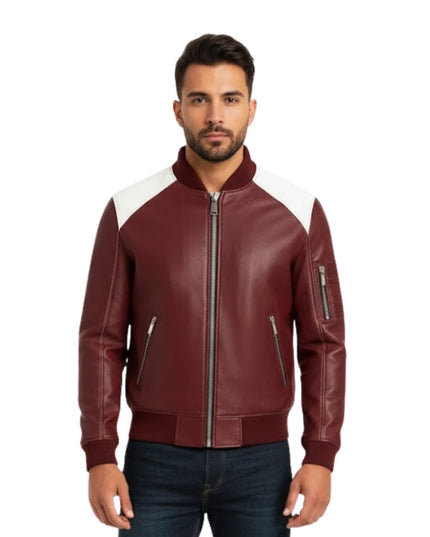 Man wearing a maroon leather jacket with white accents on a white background