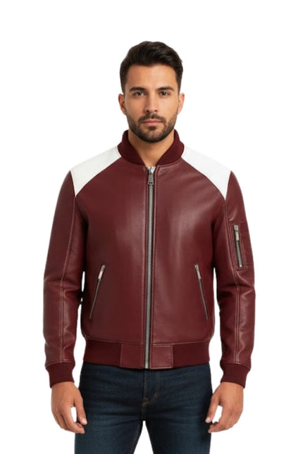 Man wearing a maroon leather jacket with white accents on a white background