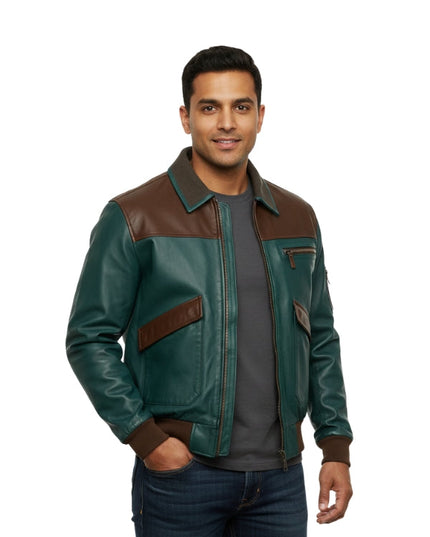 Man wearing a green and brown leather jacket on a white background