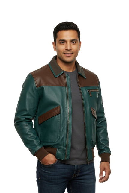 Man wearing a green and brown leather jacket on a white background