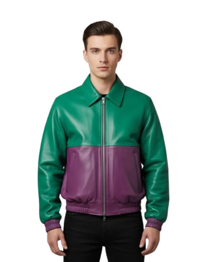 Man wearing a green and purple two-tone leather jacket on a white background