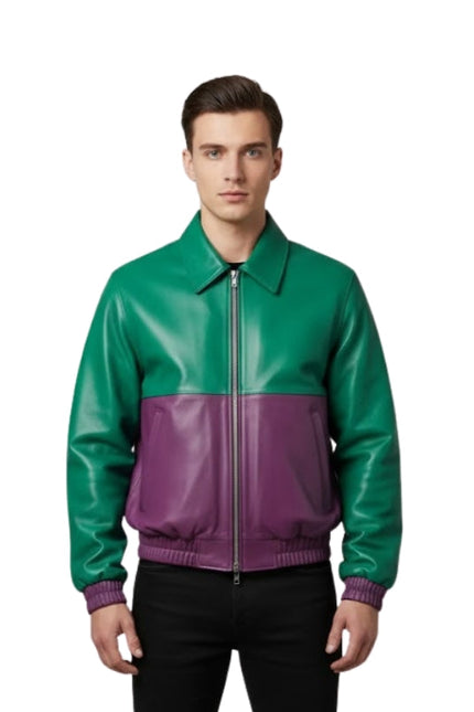 Man wearing a green and purple two-tone leather jacket on a white background