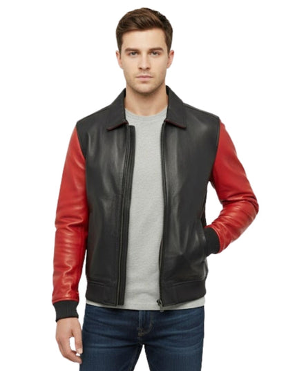 Man wearing a black and red leather jacket on a white background