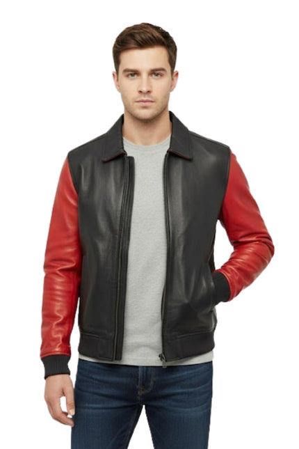 Man wearing a black and red leather jacket on a white background