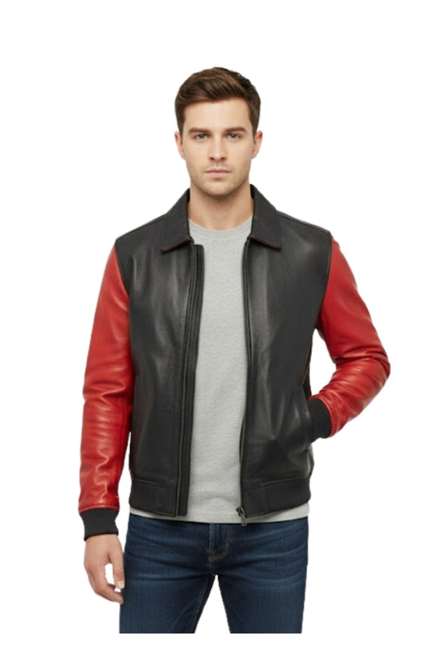 Man wearing a black and red leather jacket on a white background