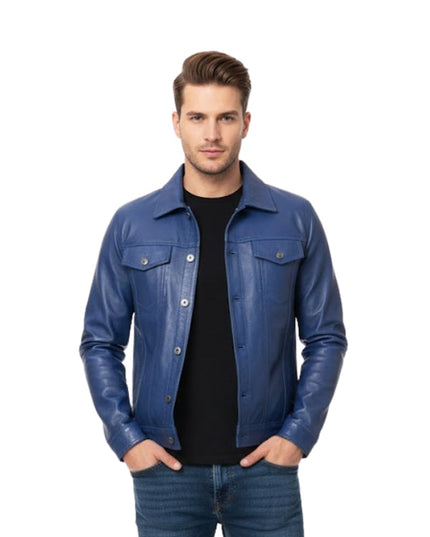 Man wearing a blue leather jacket on a white background