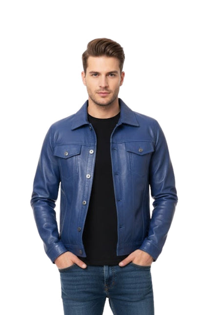 Man wearing a blue leather jacket on a white background