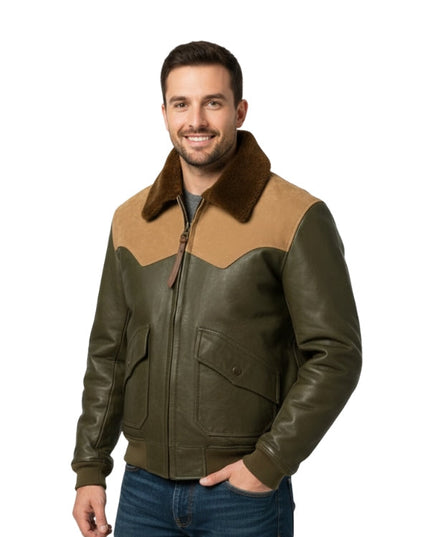 Man wearing a brown and green leather jacket with fur collar on a white background