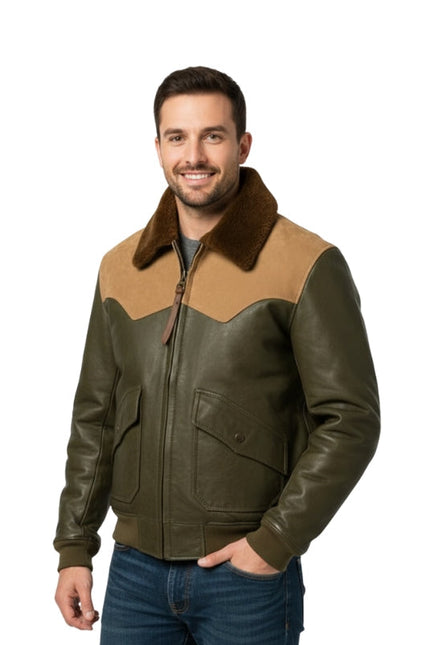 Man wearing a brown and green leather jacket with fur collar on a white background