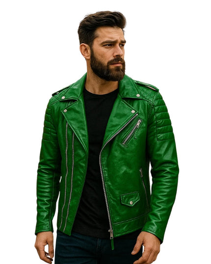 Man wearing a green leather jacket on a white background