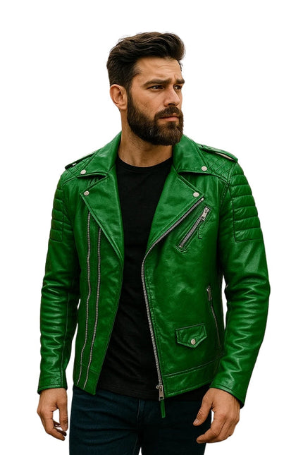 Man wearing a green leather jacket on a white background