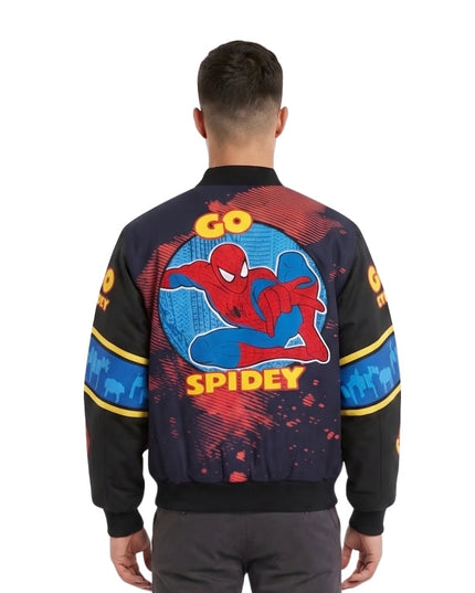 Person wearing a colorful jacket with Spider-Man design on the back