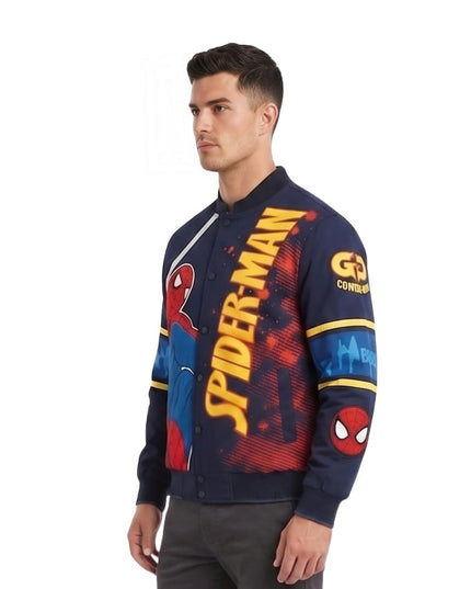 Man wearing a Spider-Man themed jacket on a white background