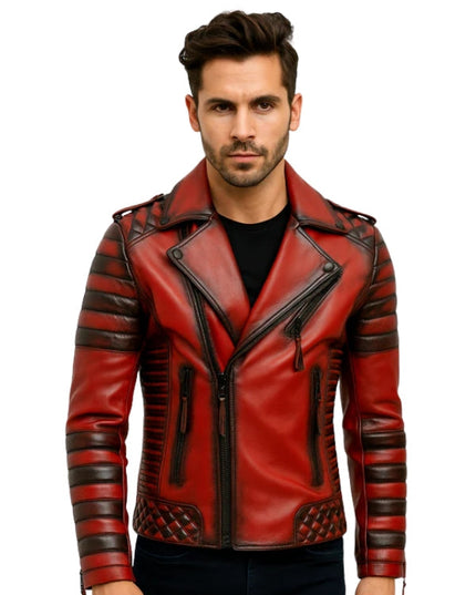 Man wearing a red leather jacket with black accents on a white background