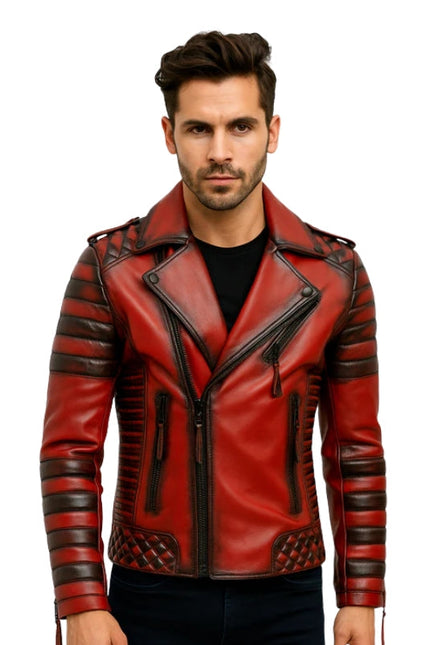 Man wearing a red leather jacket with black accents on a white background
