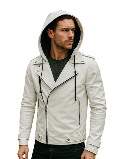 Man wearing a white leather jacket with a hood on a white background