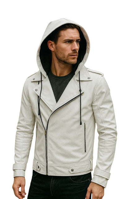 Man wearing a white leather jacket with a hood on a white background