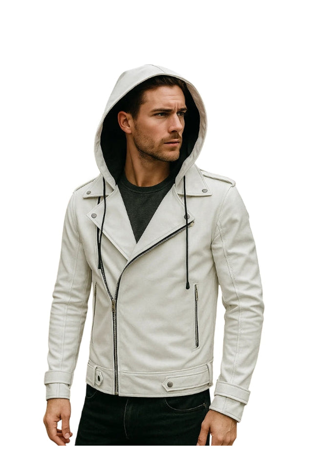 Man wearing a white leather jacket with a hood on a white background