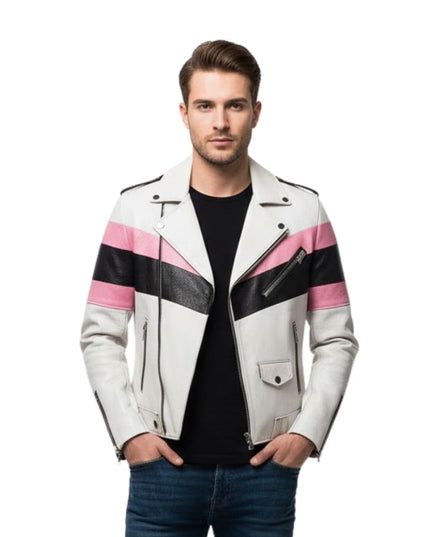 Man wearing a white leather jacket with pink and black stripes on a white background