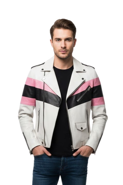 Man wearing a white leather jacket with pink and black stripes on a white background