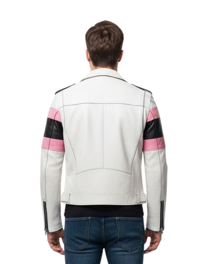 White leather jacket with pink and black accents on a white background