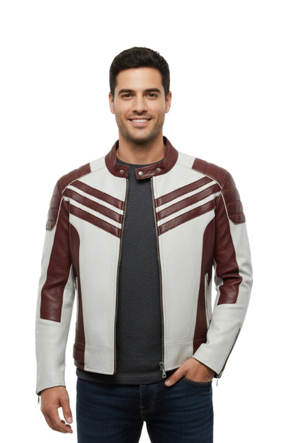Man wearing a white and brown jacket with a black shirt underneath on a white background